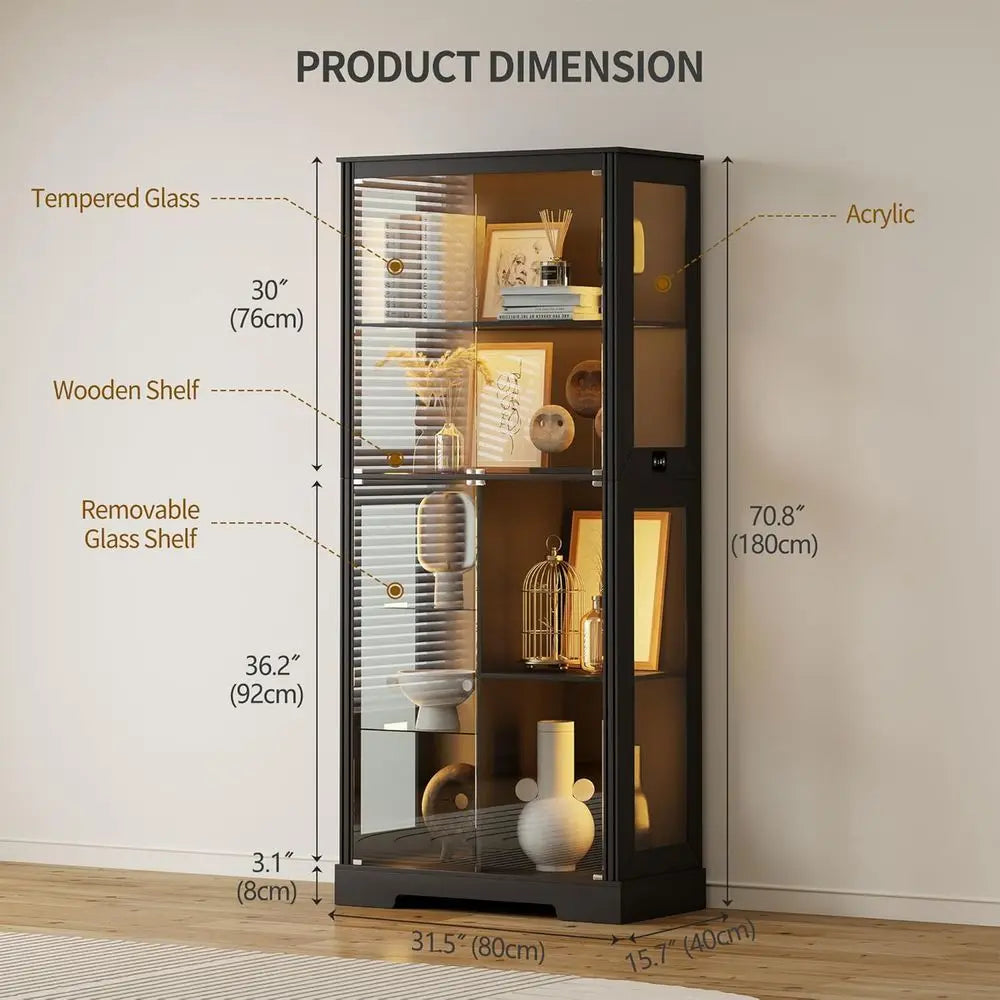 71 Illuminated Glass Curio Cabinet with 3-Color Sensor Lights, 7-Tier Adjustable Shelves, Ideal for Collectibles, Black