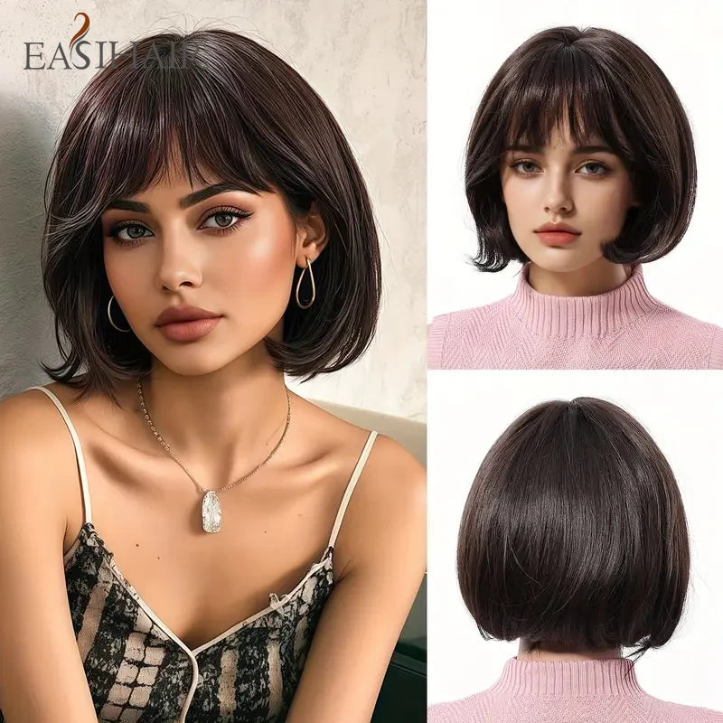 EASIHAIR Synthetic Wigs for Women Ombre Brown Blonde Wigs with Bangs Layered Cosplay Wigs Heat Resistant Medium Length Wig