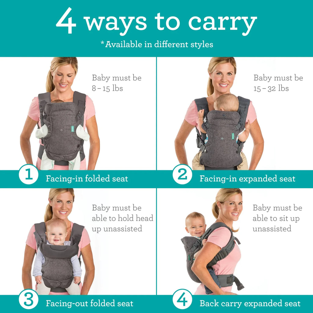 4-in-1 Convertible Baby Carrier - Unisex, 4 Positions, Suitable for Infants 0+ Months, Weight Capacity 8-32 lbs, Black & Gray Leopard Design