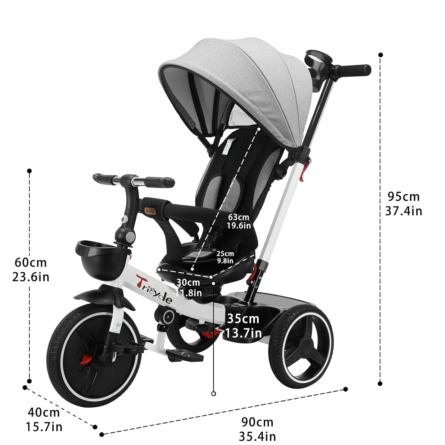 6-in-1 Convertible Baby Tricycle with Detachable Guardrail, Adjustable Canopy, Safety Harness, Folding Pedals, Storage Basket, and Shock Absorption System