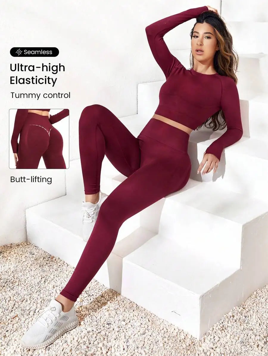 Solid Crop Top And Leggings Set For Women Workout Gym Fitness Outfit