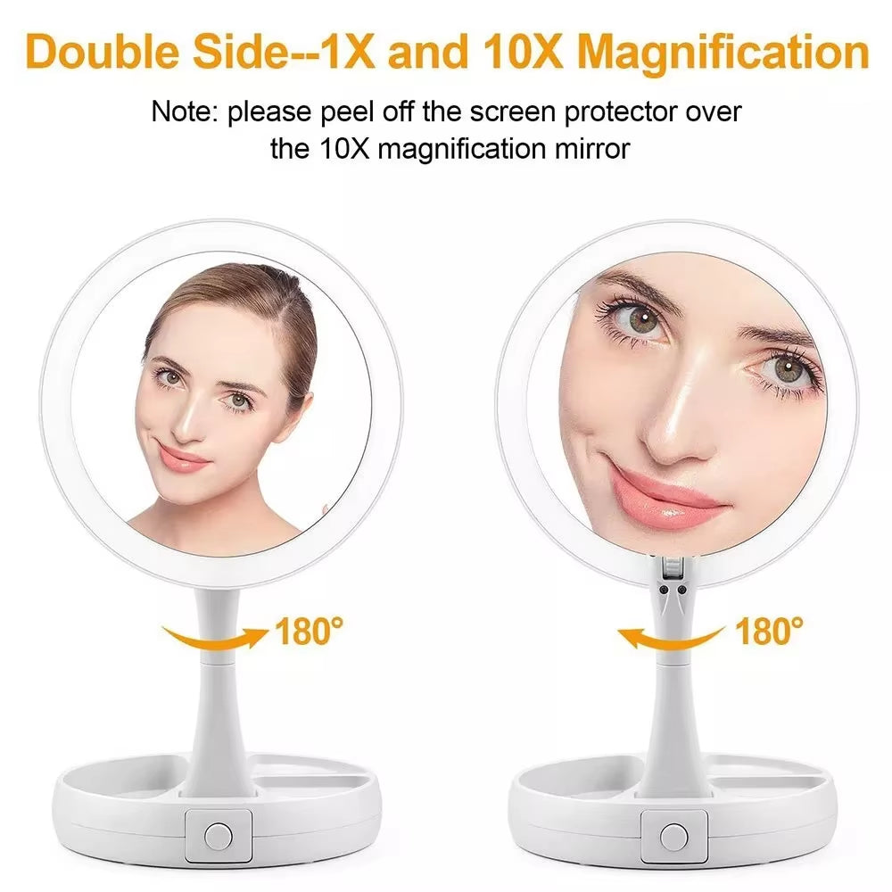 Dry Battery/Usb Dual Purpose Double-Sided Mirror LED Makeup Mirror Portable Makeup Mirror Makeup Light with 10Xmagnification