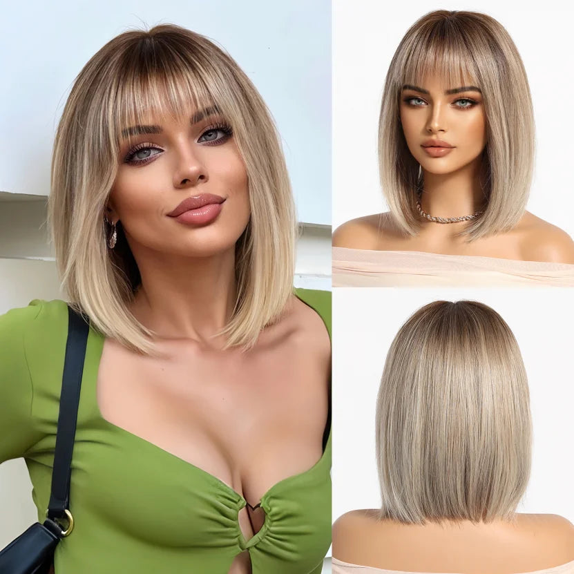 EASIHAIR Synthetic Wigs for Women Ombre Brown Blonde Wigs with Bangs Layered Cosplay Wigs Heat Resistant Medium Length Wig