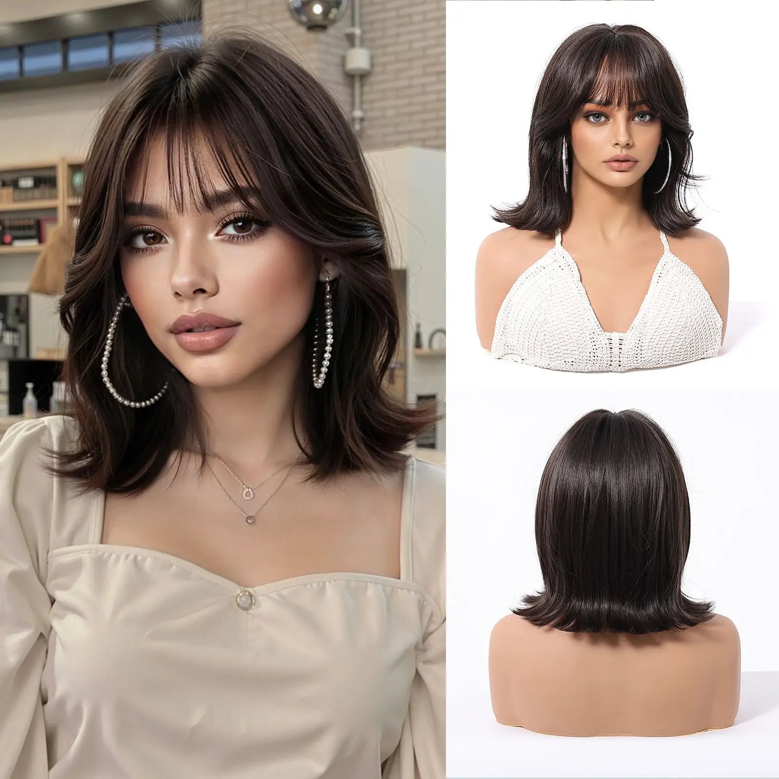EASIHAIR Synthetic Wigs for Women Ombre Brown Blonde Wigs with Bangs Layered Cosplay Wigs Heat Resistant Medium Length Wig