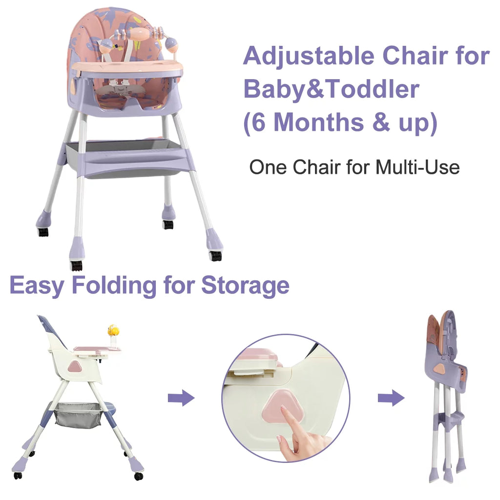 4-in-1 Convertible Baby High Chair with Five-Point Safety Harness, Dinner Plate, and Toy Rack - Portable Toddler Dining Chair in Purple