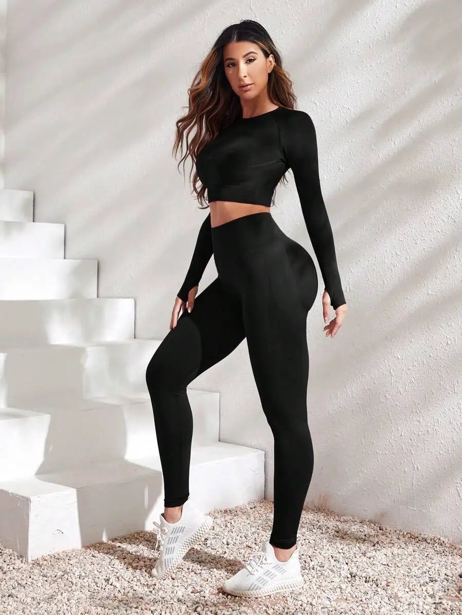 Solid Crop Top And Leggings Set For Women Workout Gym Fitness Outfit