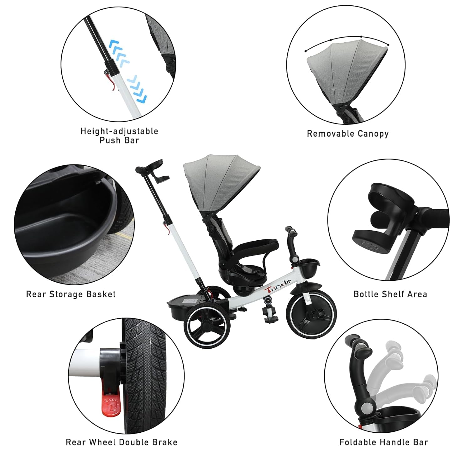 6-in-1 Convertible Baby Tricycle with Detachable Guardrail, Adjustable Canopy, Safety Harness, Folding Pedals, Storage Basket, and Shock Absorption System