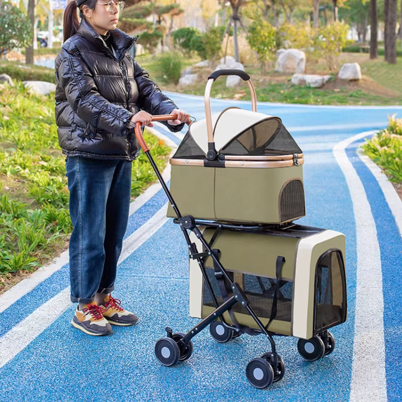 Detachable Double-Decker Pet Stroller Cat and Dog Outdoor Stroller Lightweight Foldable Pet Stroller Portable Pet Basket