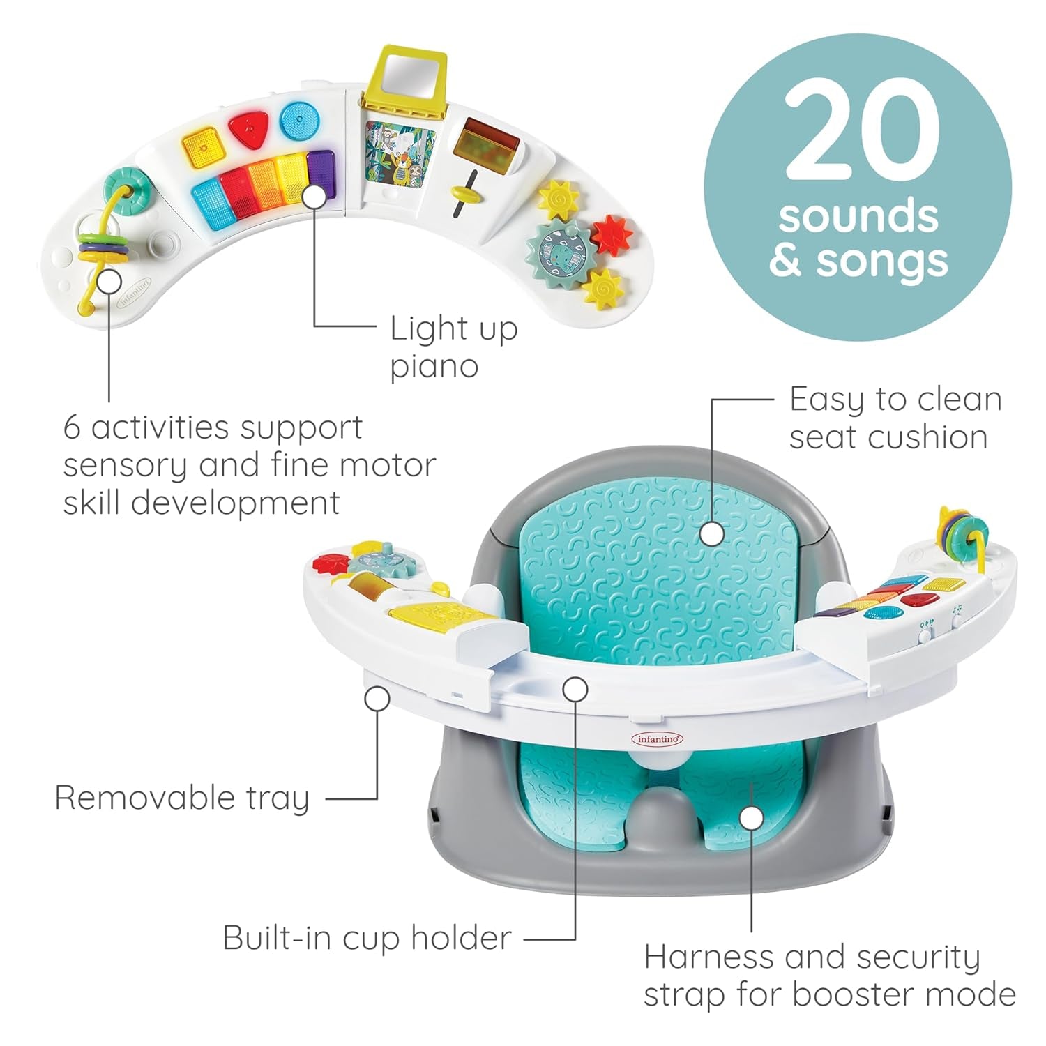 Music & Lights 3-In-1 Discovery Seat & Booster, Interactive Toddler Seat for Dining Table or Kitchen Chair, Baby Activity Center & Snack Tray, 20 Sounds & Songs, Lightweight Baby Essentials